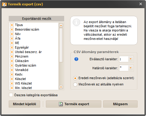 számlázó program - termék export